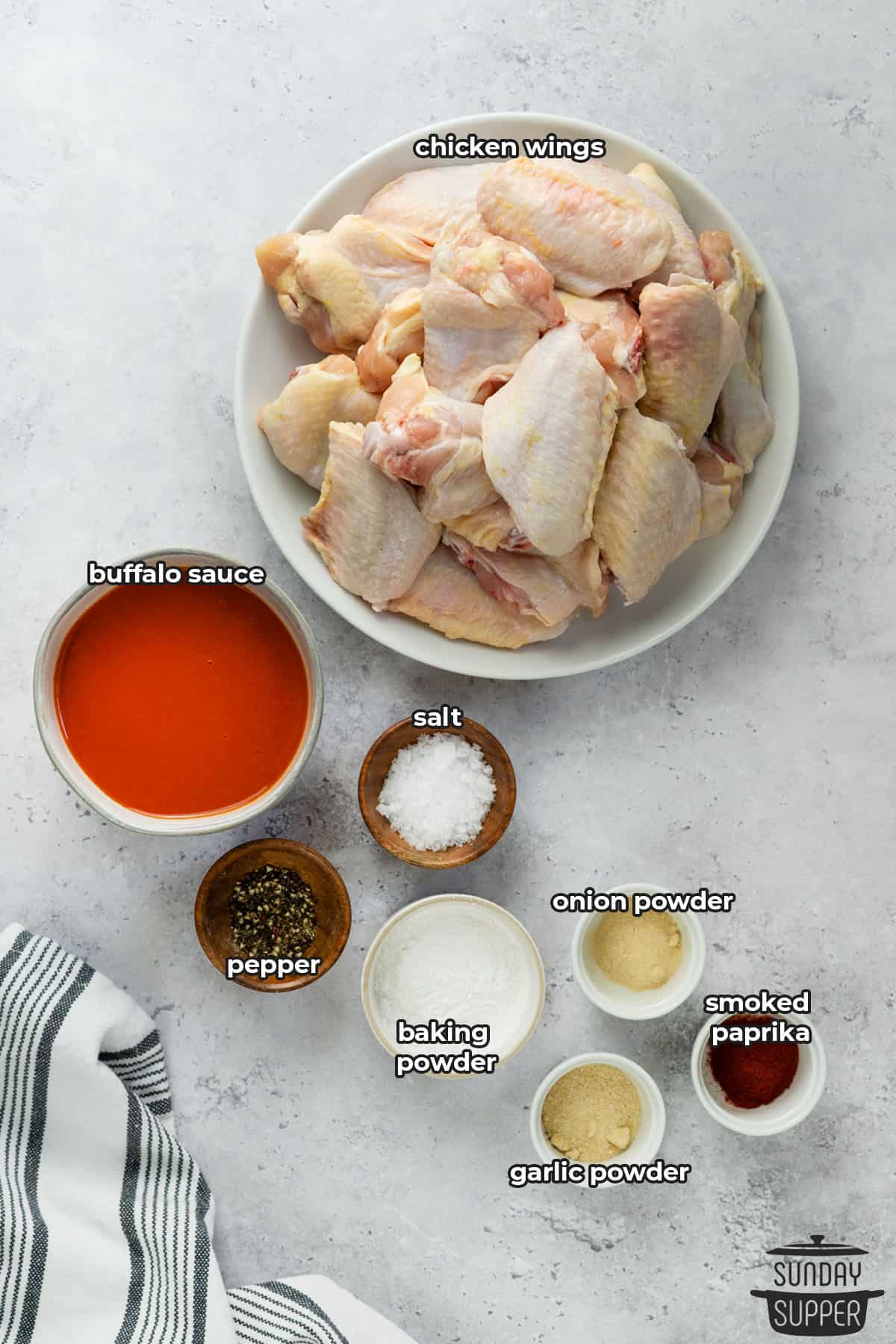ingredients to make buffalo chicken wings with labels