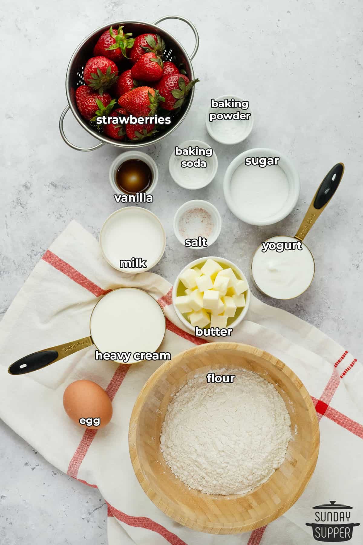 ingredients for strawberry shortcake biscuits with labels