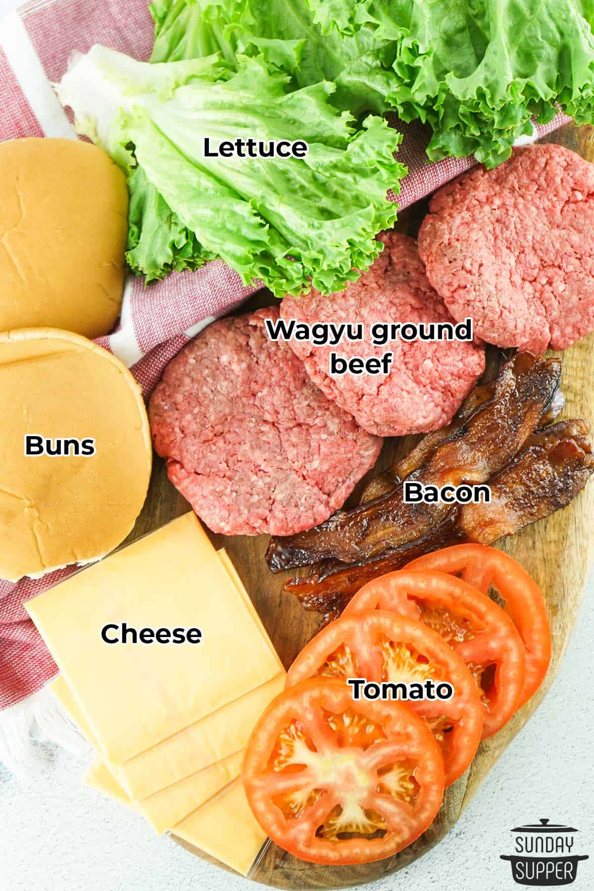 all the ingredients for wagyu beef burgers with labels