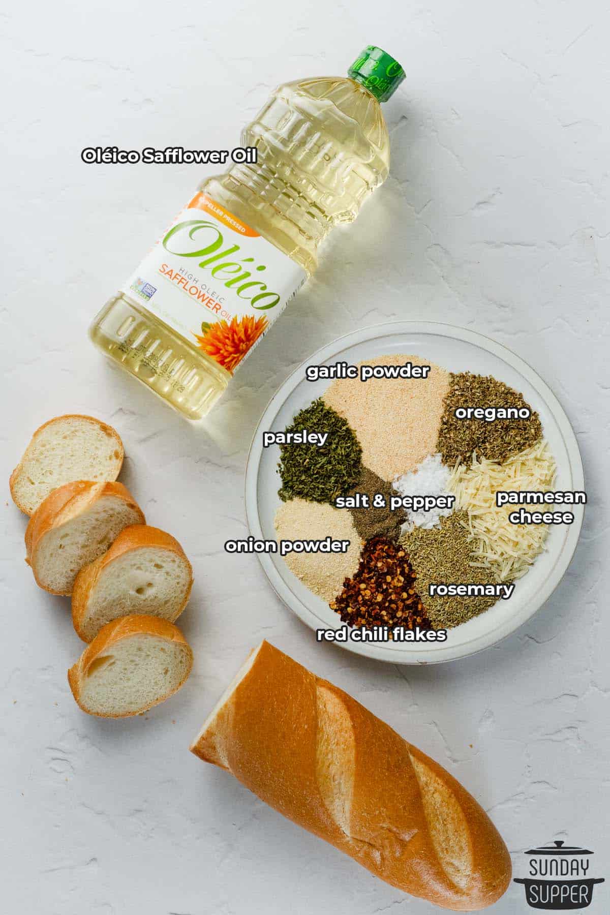 Ingredients to make oil dip with labels