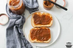 completed pumpkin butter spread on two pieces of toast