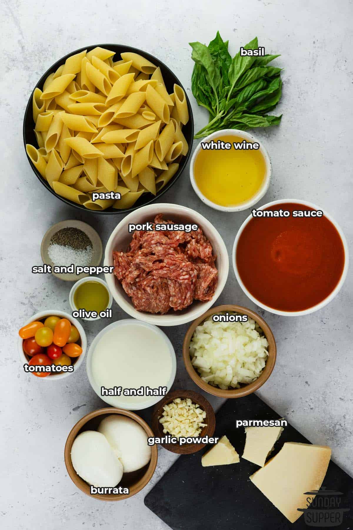 ingredients for sausage burrata pasta with labels