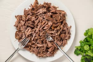 shredded flank steak with two forks