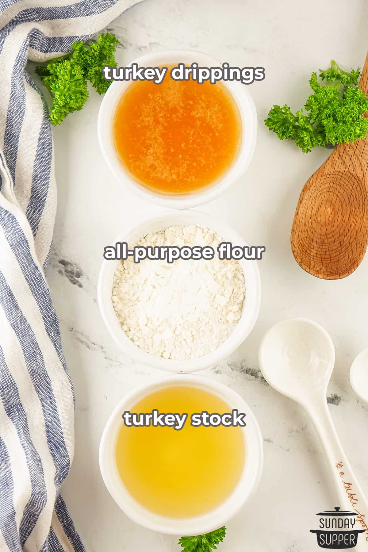 turkey gravy ingredients with labels in bowls