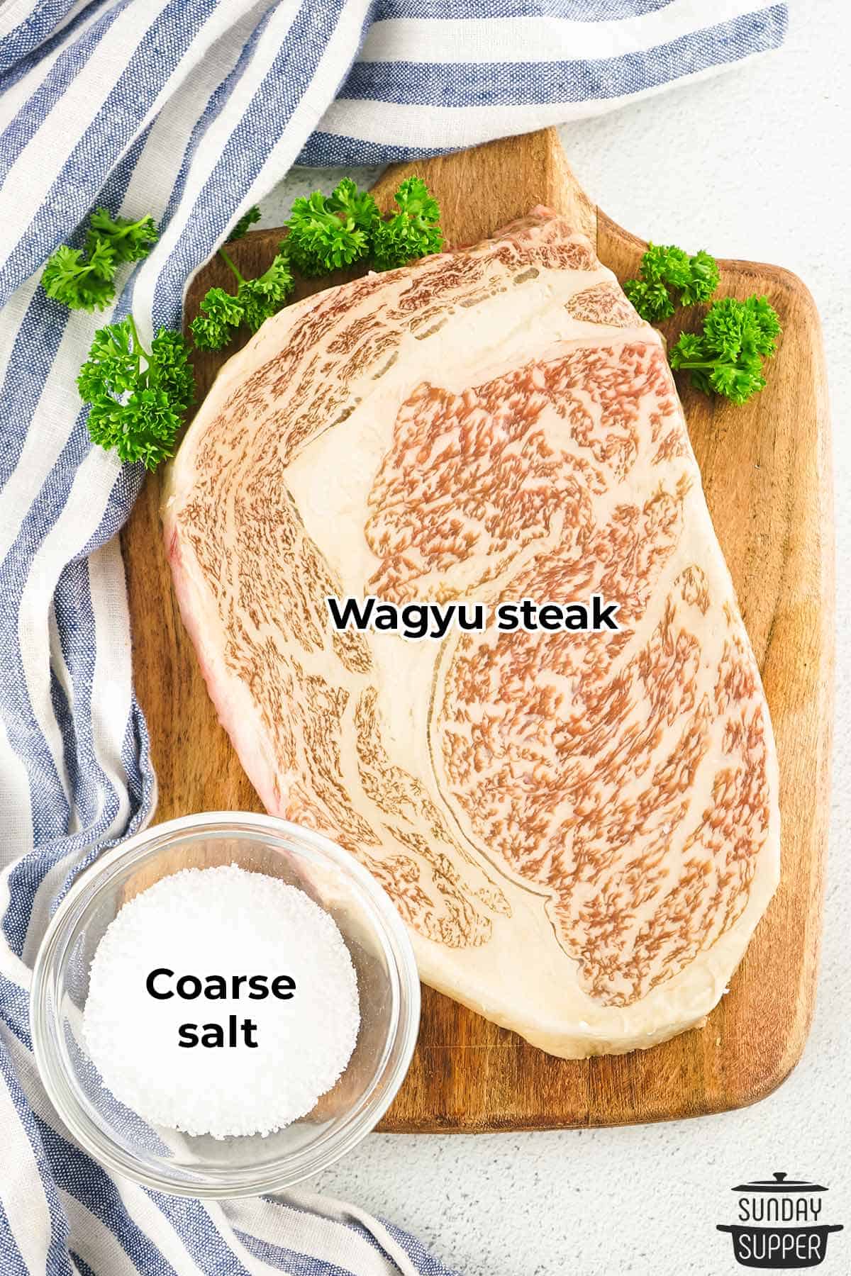 wagyu steak and salt with labels