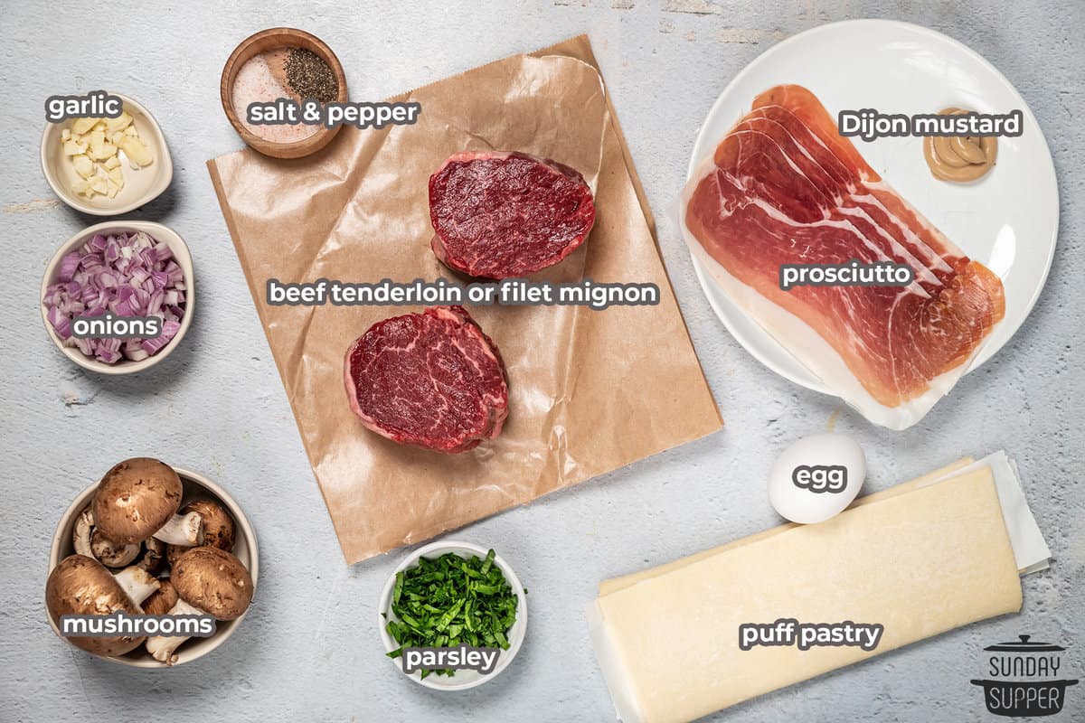ingredients to make beef wellington with labels