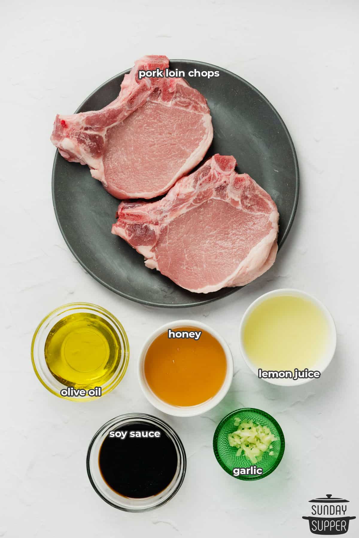 ingredients to make honey glazed pork chops with labels