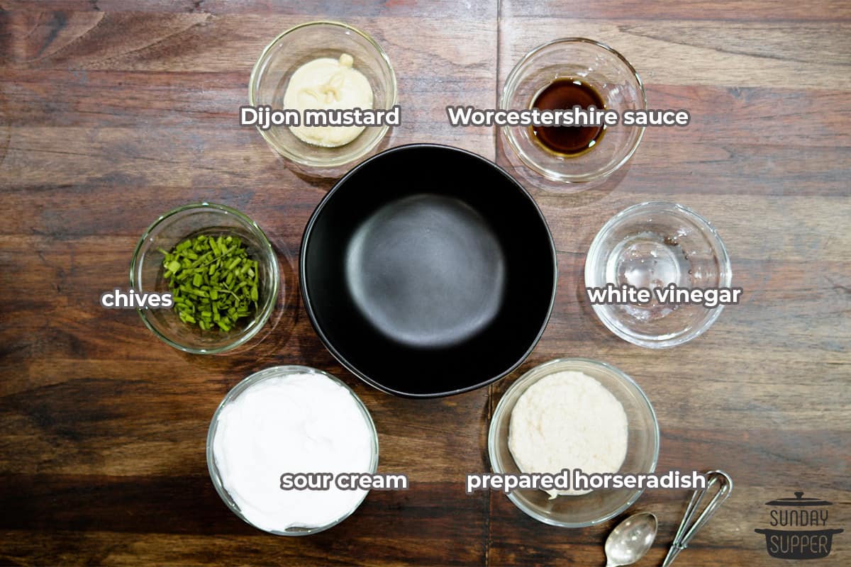ingredients to make horseradish sauce with labels