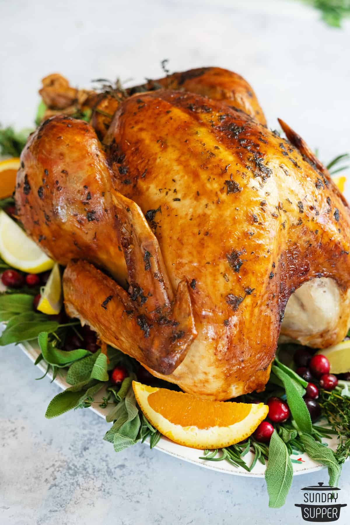 a whole thanksgiving turkey on a platter with citrus