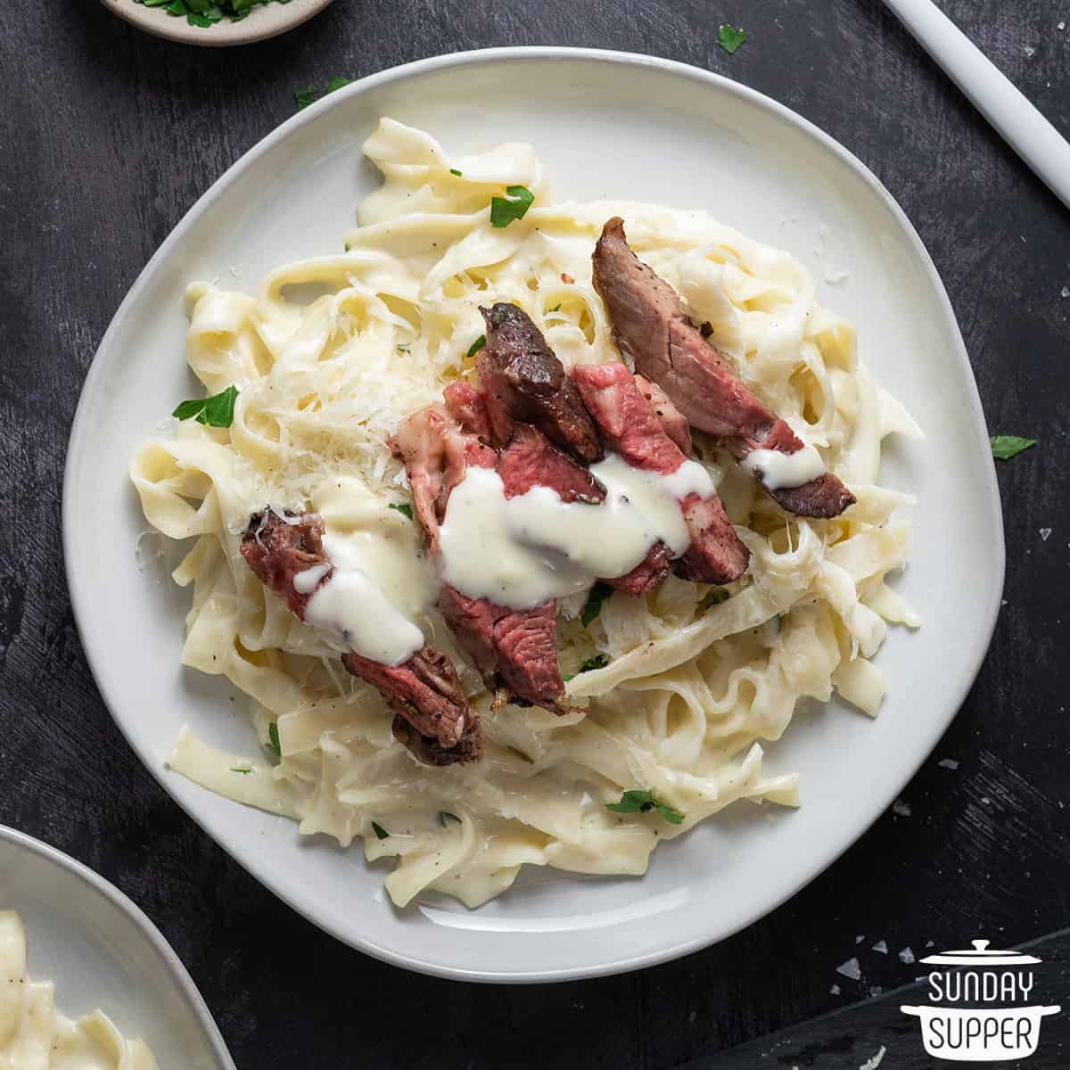 a plate of fettuccine alfredo with steak on top and extra sauce