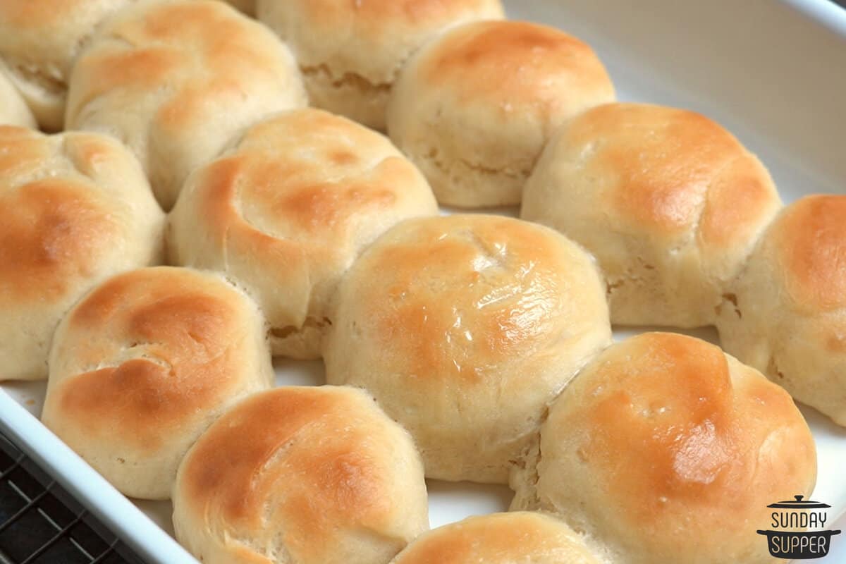 dinner rolls close up in a baking pan