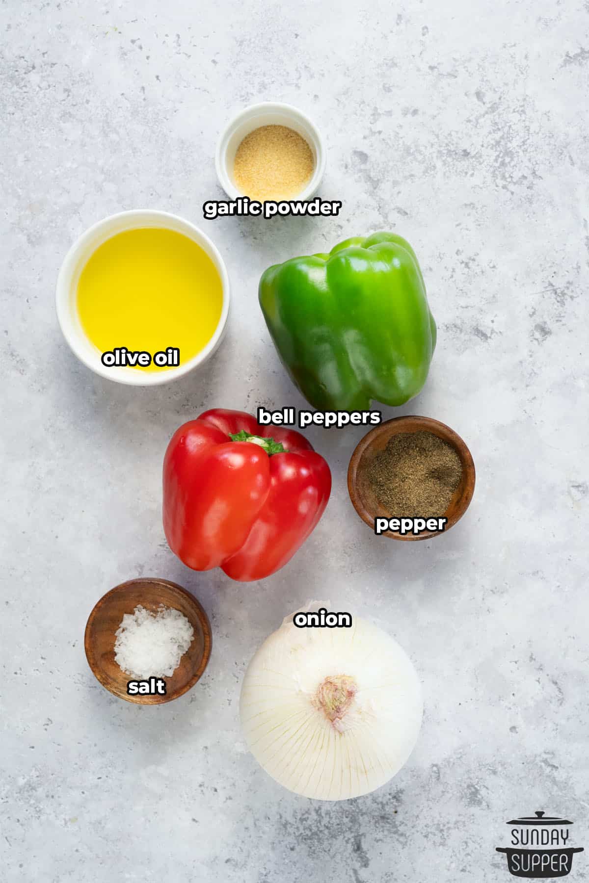 ingredients to saute peppers and onions, with labels