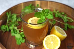 starbucks medicine ball in a glass with fresh mint sprigs and lemon slices