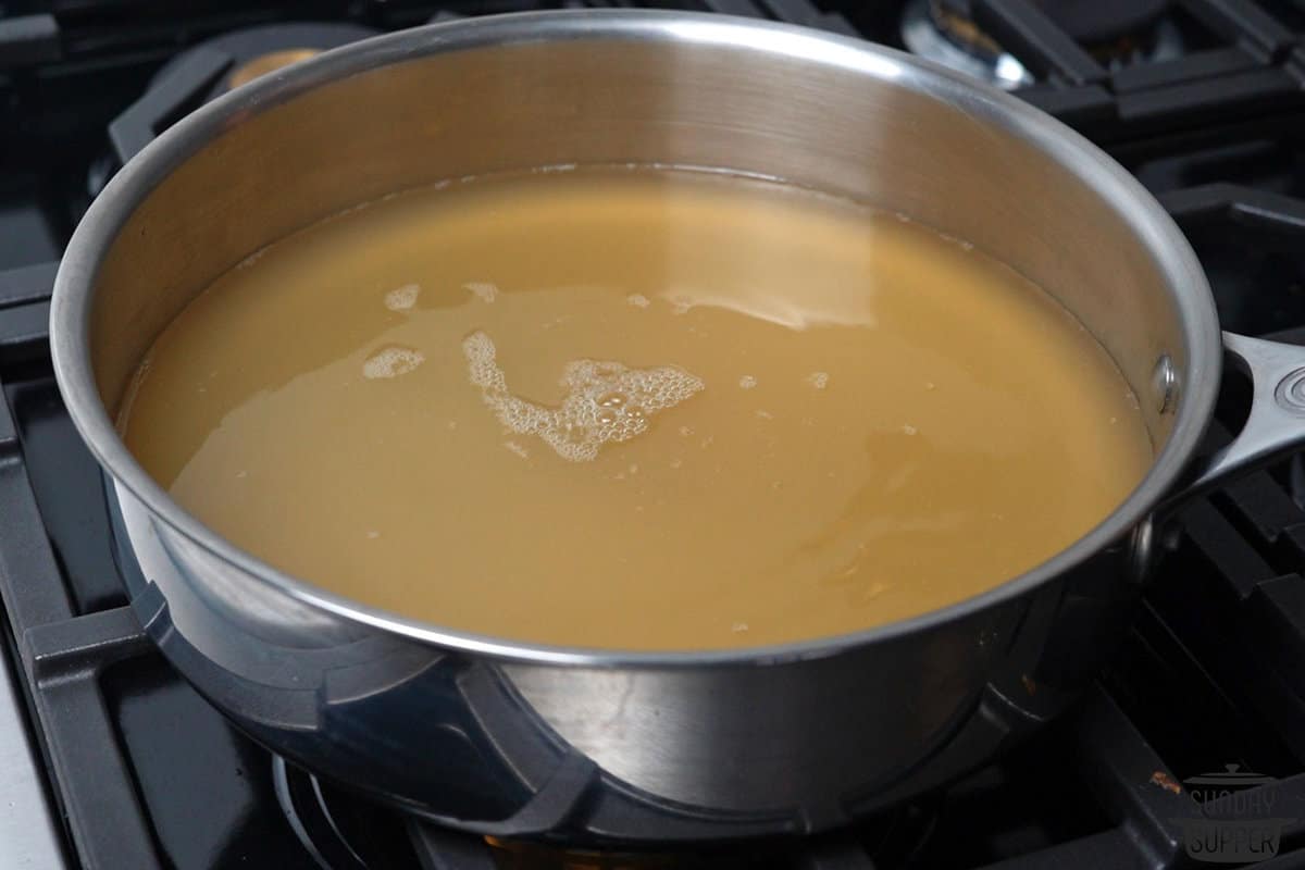 chicken stock inside of a pan