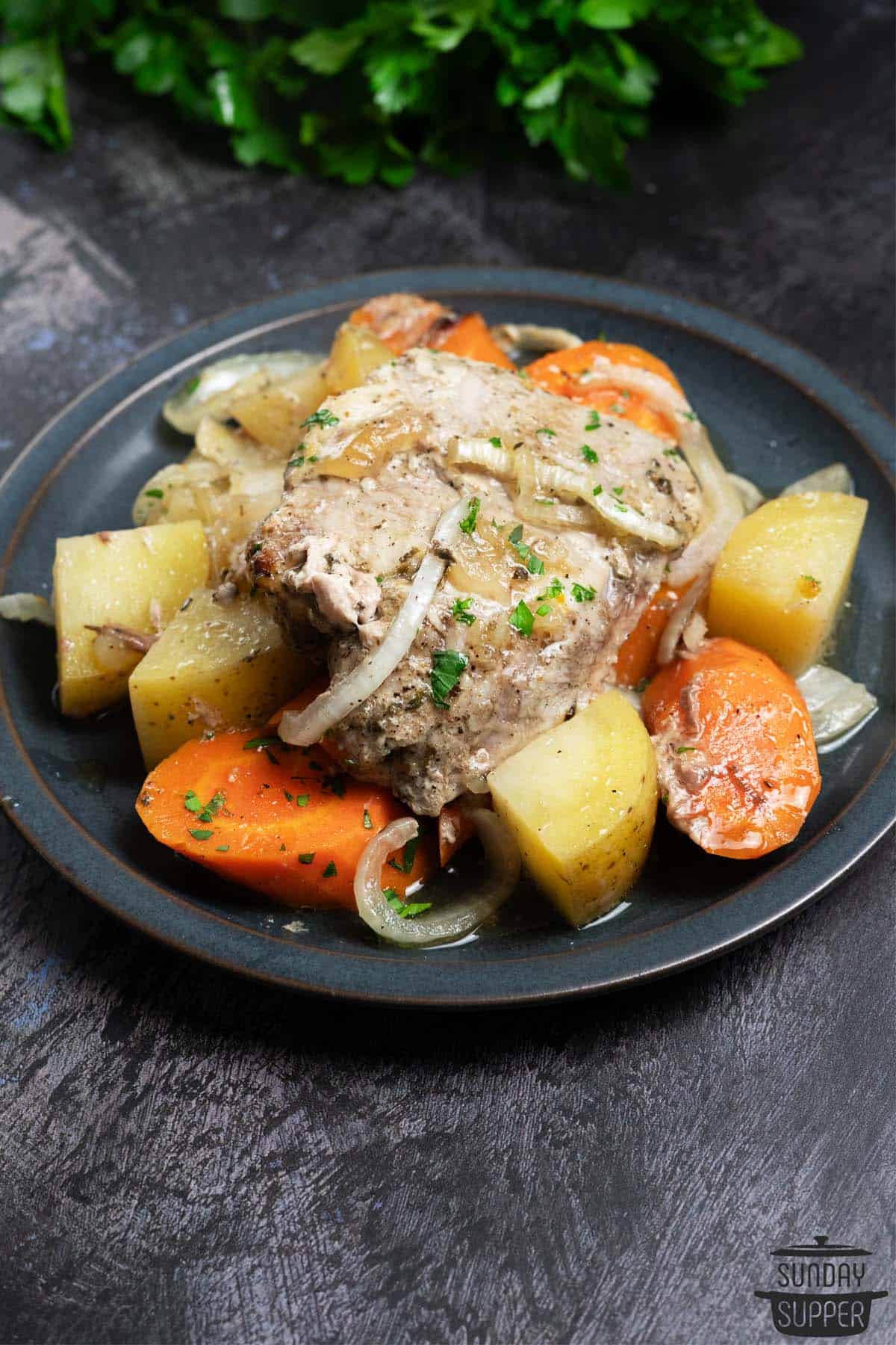 a plate of slow cooker pork with potatoes and carrots
