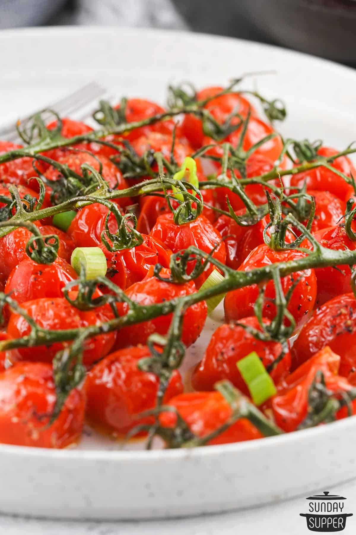 blistered tomatoes on the vine on a white serving plate