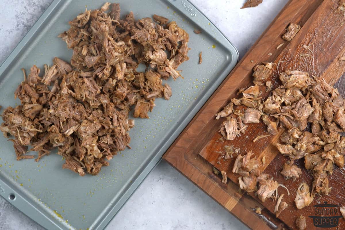 carnitas shredded and added to a sheet pan