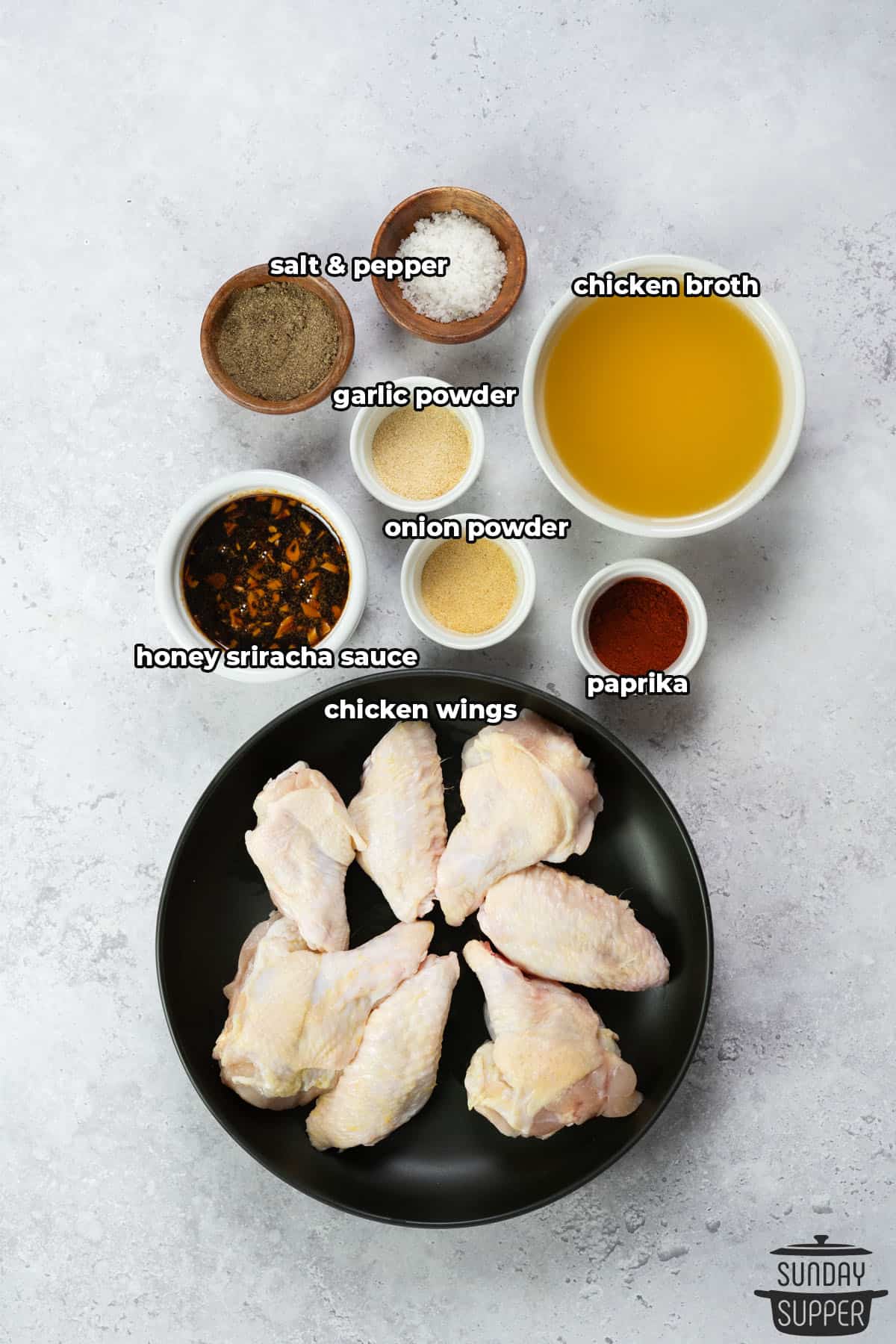 Ingredients to make instant pot chicken wings with labels