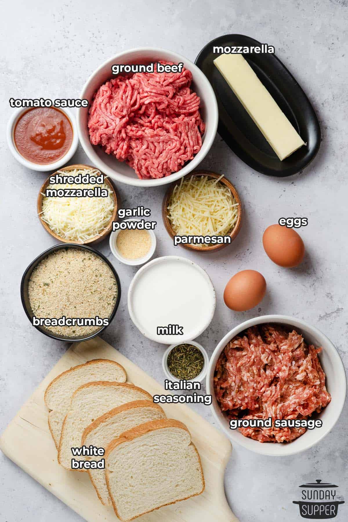 ingredients to make cheese-stuffed meatloaf with labels