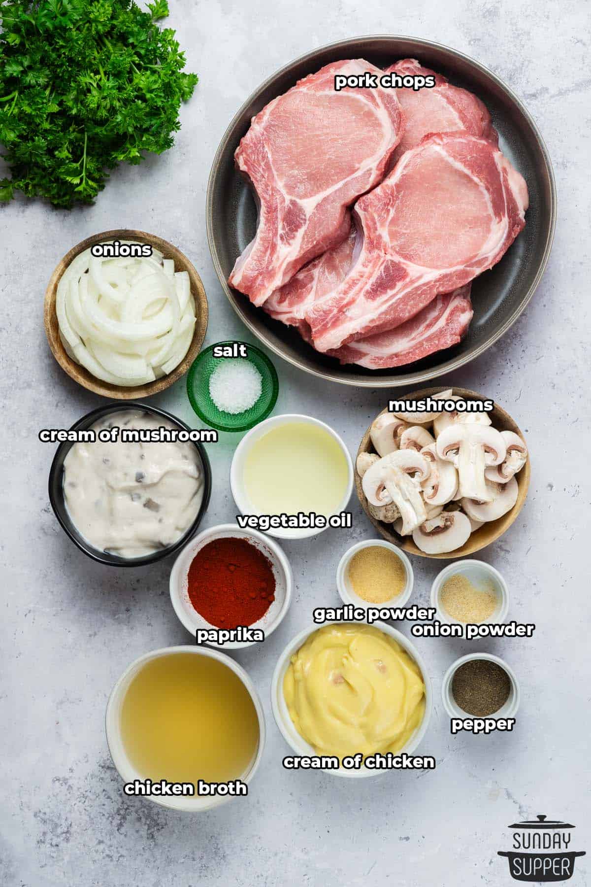 all the ingredients for smothered pork chops with labels