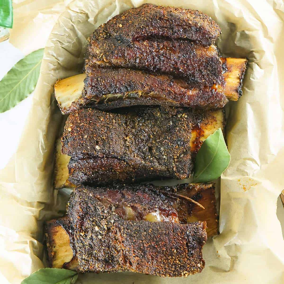 smoked short ribs sliced in a bowl