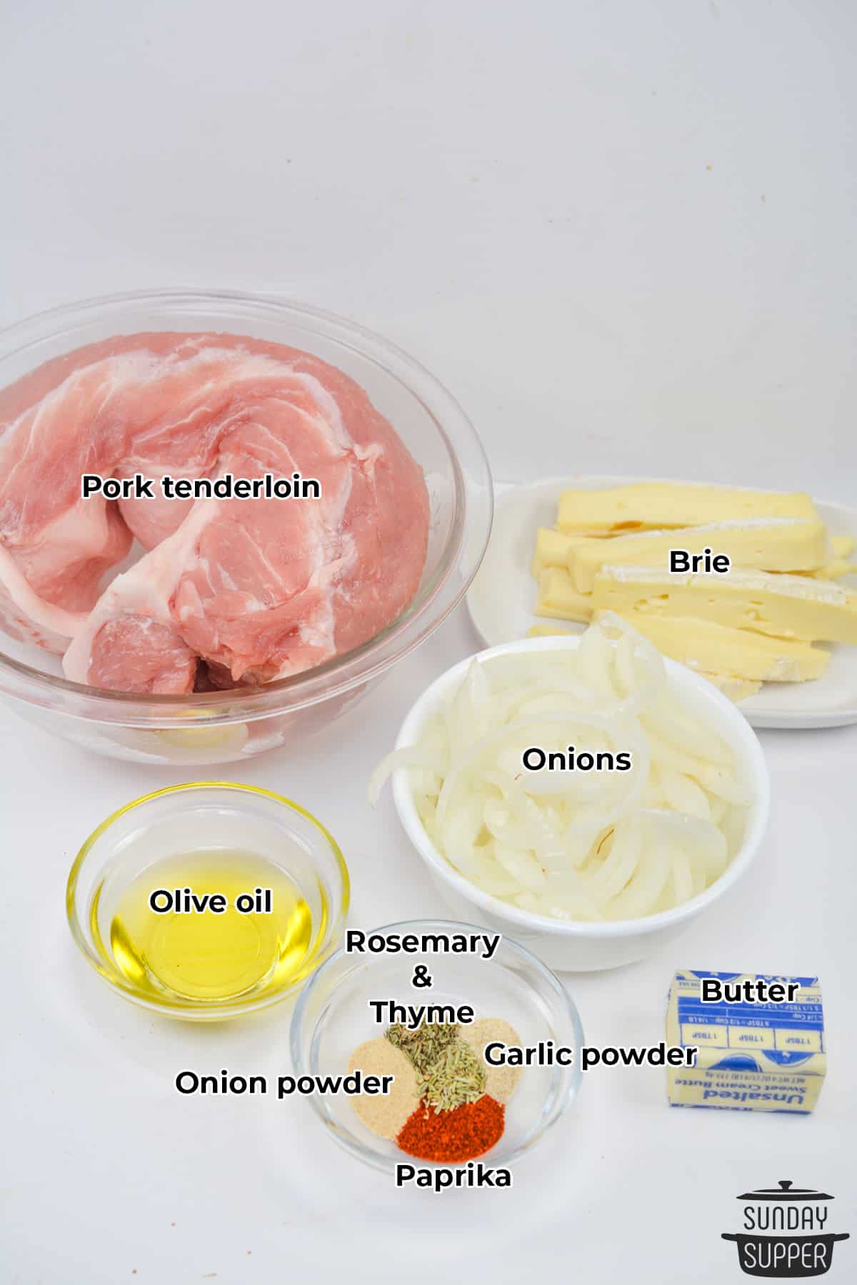 all the ingredients for stuffed pork tenderloin with labels