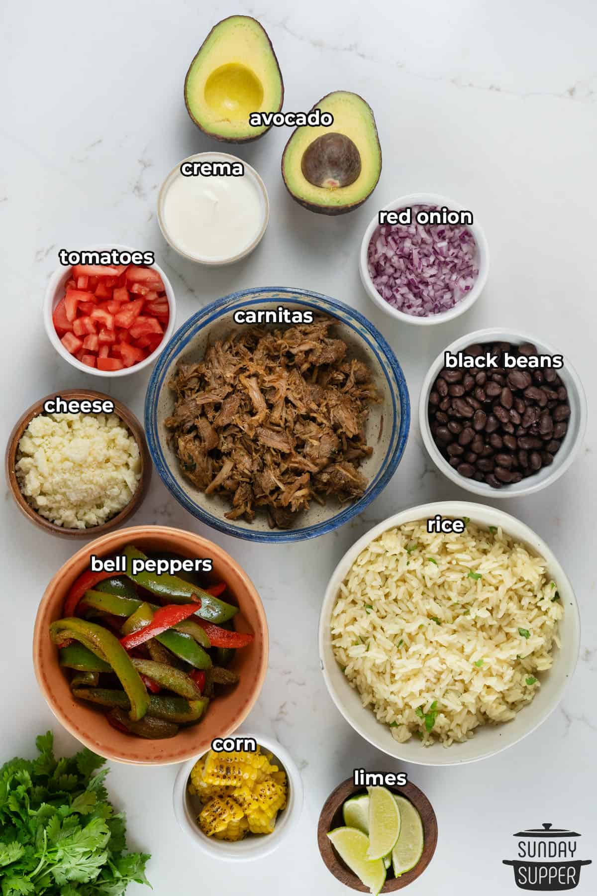 all the ingredients for carnitas burrito bowls with labels