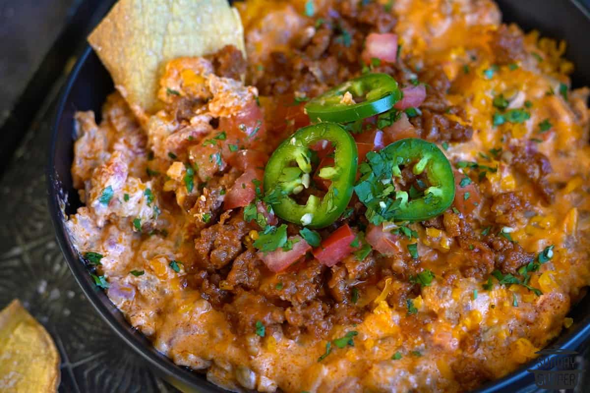 the completed chorizo dip moved to a serving bowl
