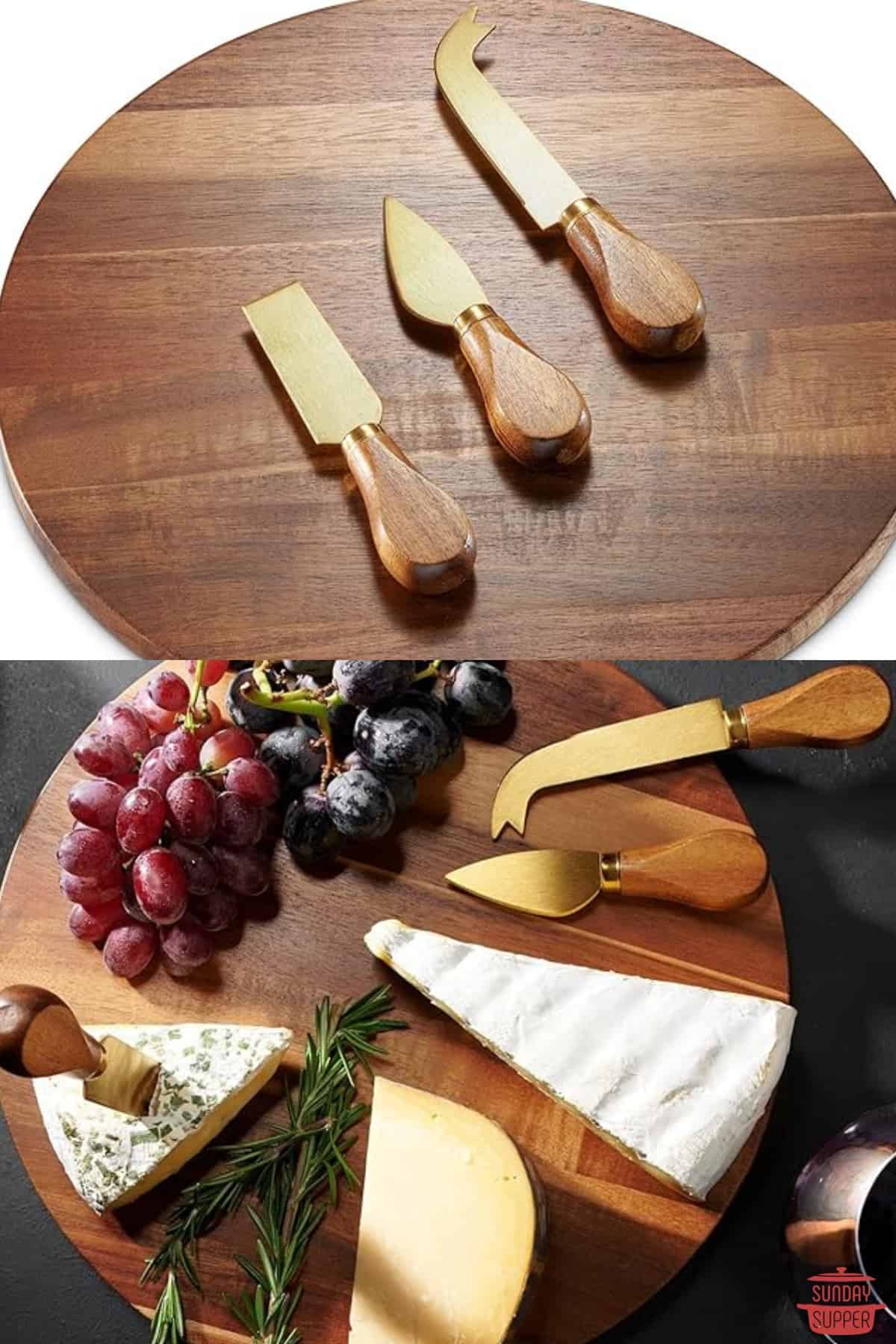a pair of images displaying the cheese board and knife set with cheese and grapes