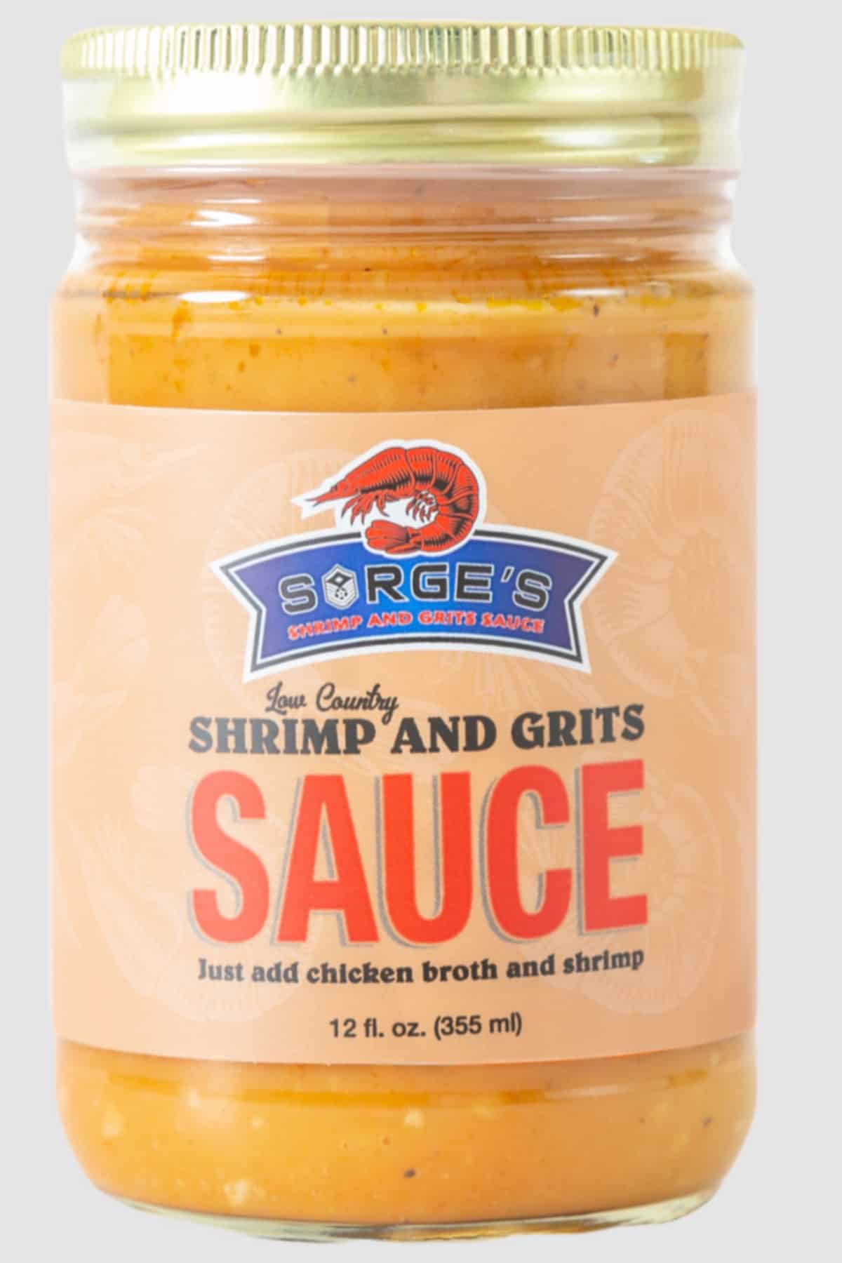 a closeup of a bottle of Sarge's shrimp and grits sauce