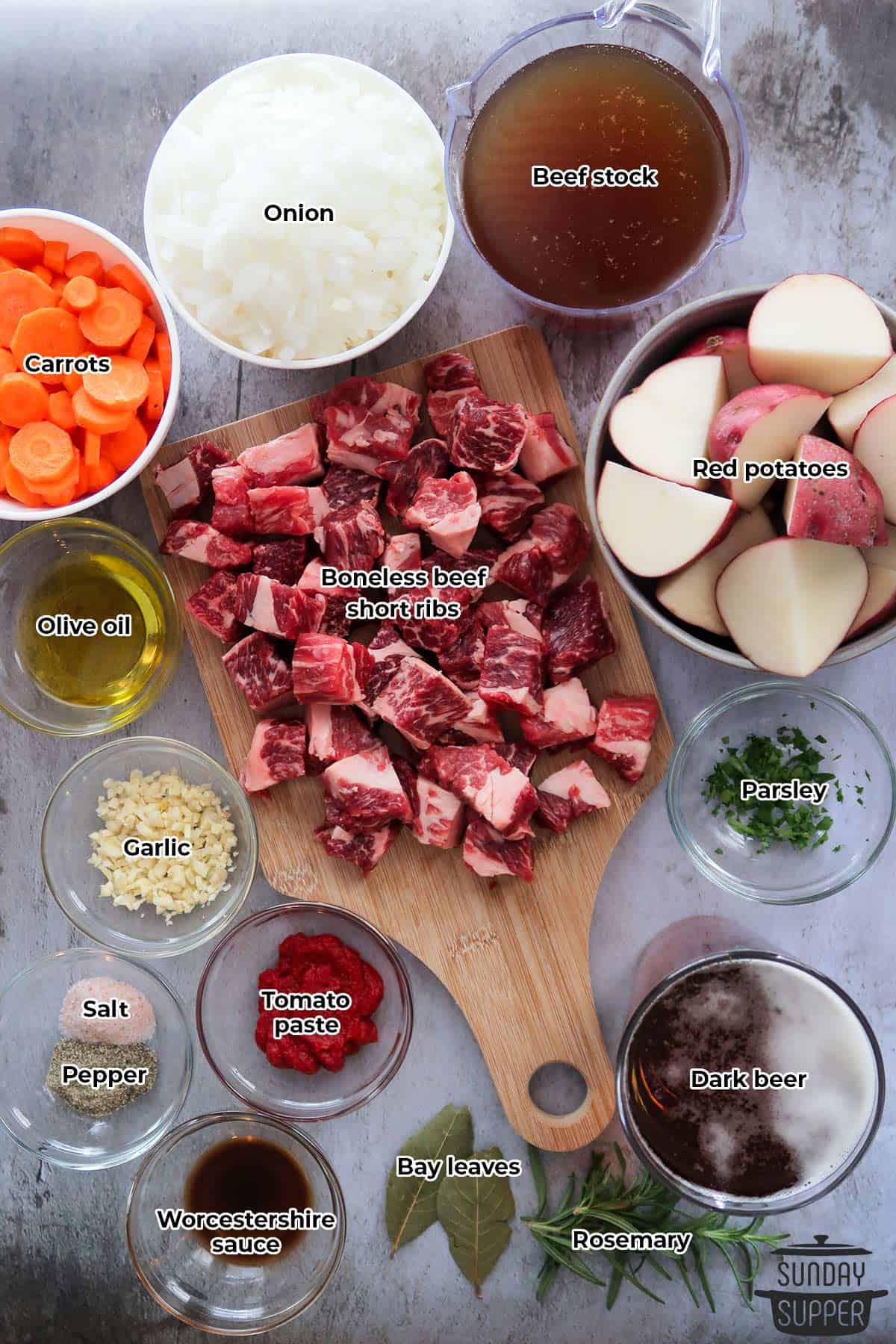 all the ingredients for short ribs in the instant pot with labels