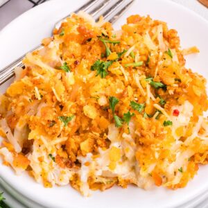 a plate full of chicken potato casserole with a fork