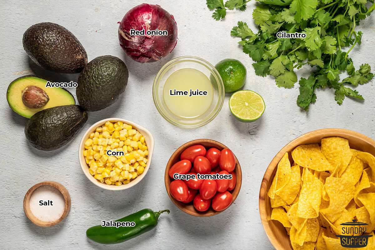 all the ingredients for chunky guacamole with labels