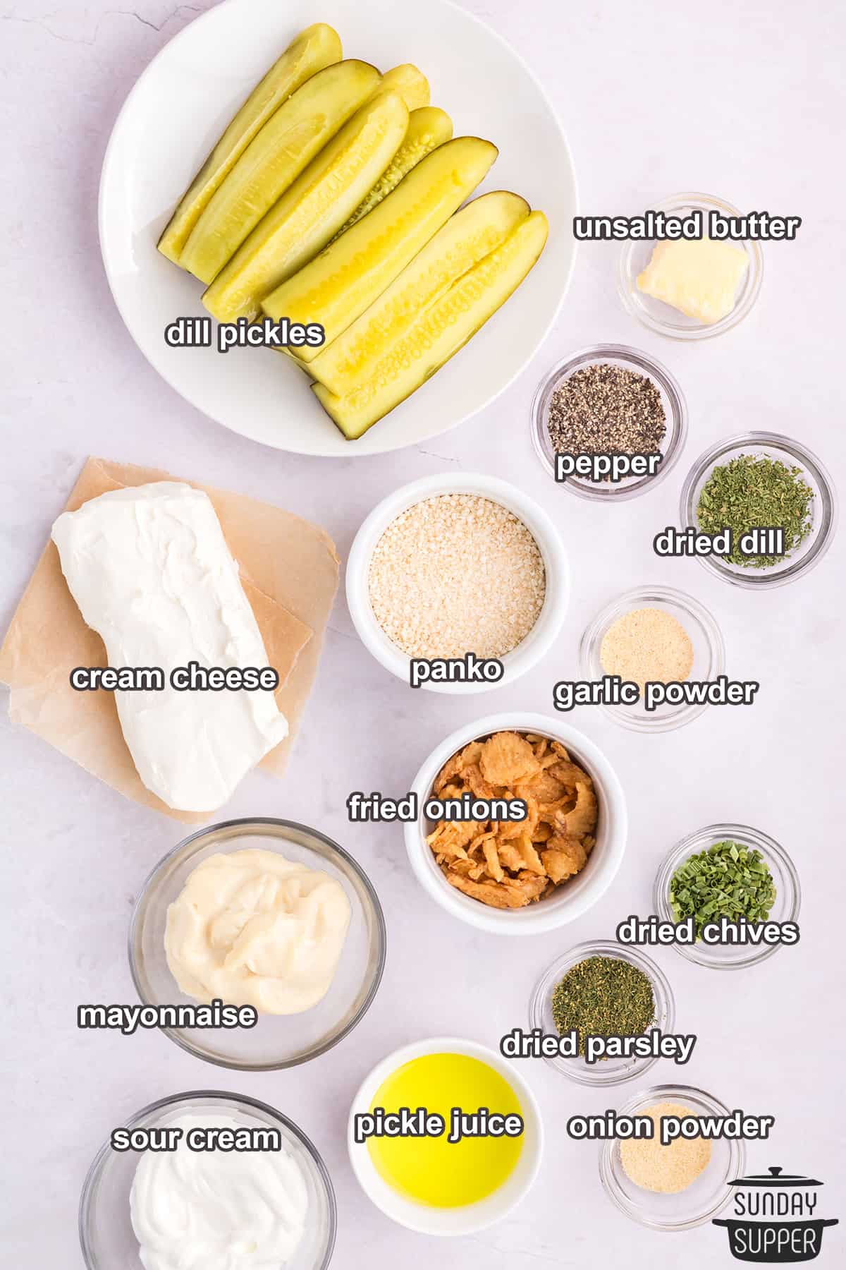 ingredients to make fried pickle dip, labeled