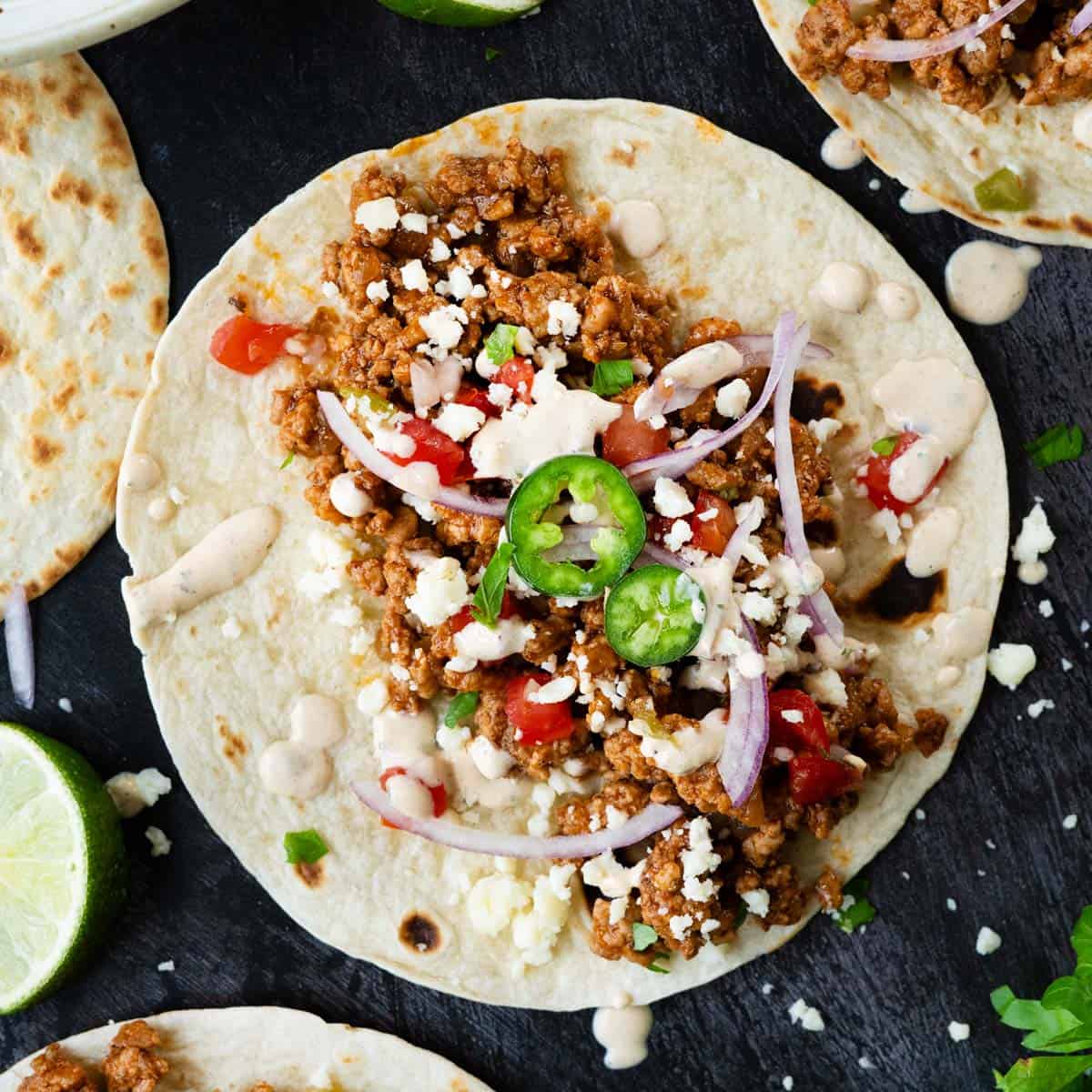 close up of ground pork tacos