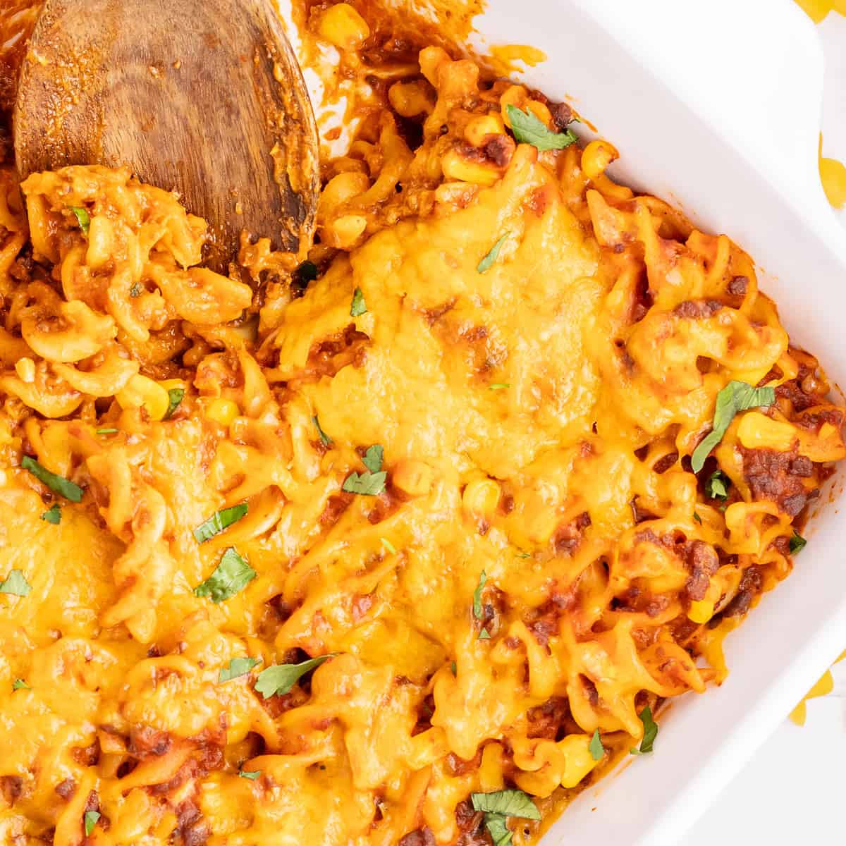 close up of sloppy Joe casserole in a casserole dish