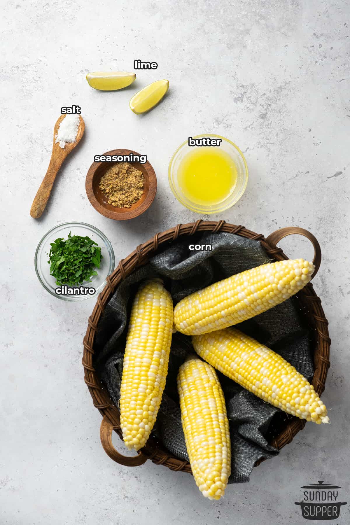 all the ingredients for air fried corn with labels