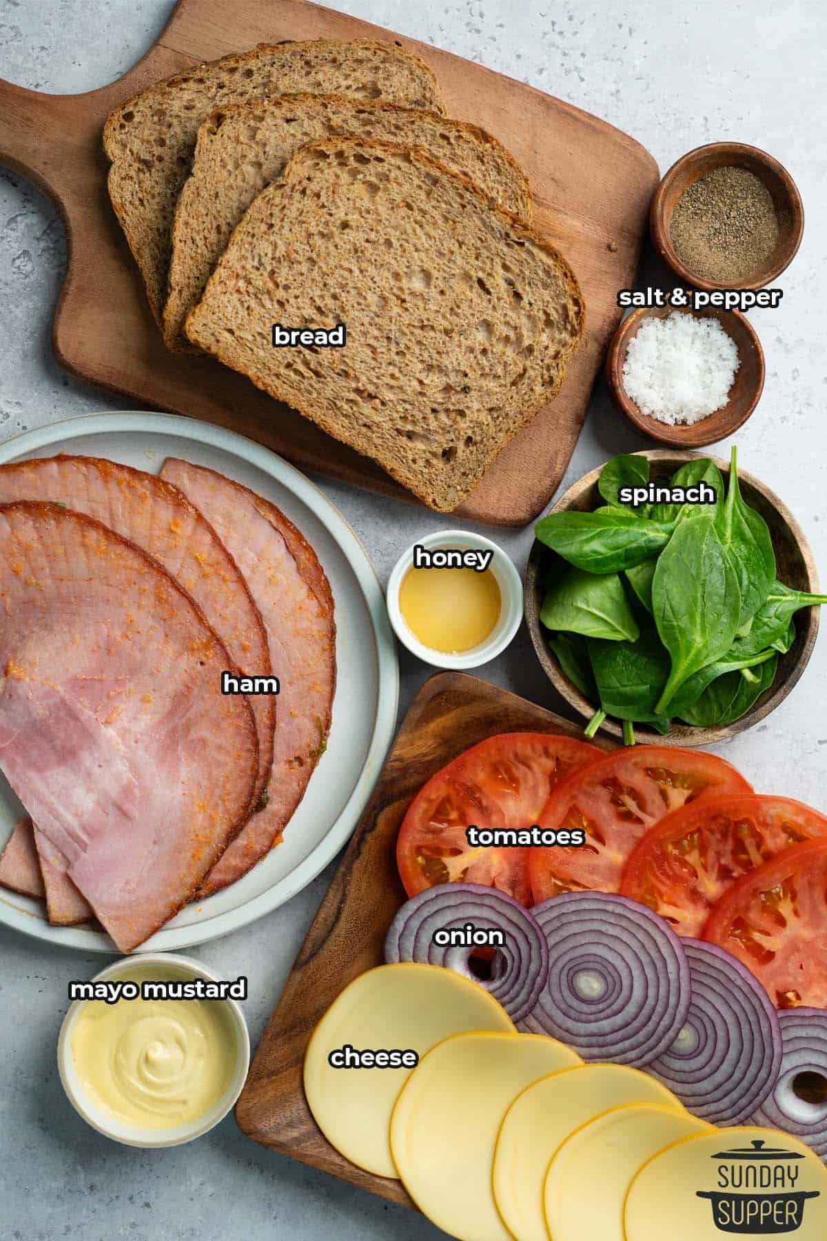 all the ingredients for ham sandwiches with labels