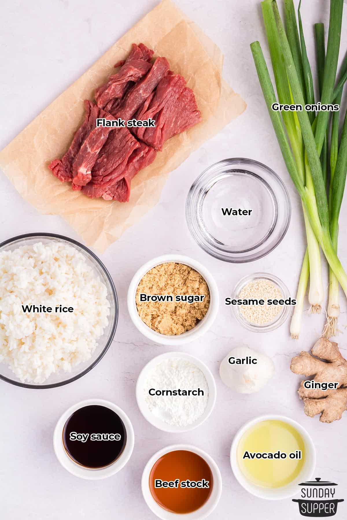 all the ingredients for mongolian beef with labels