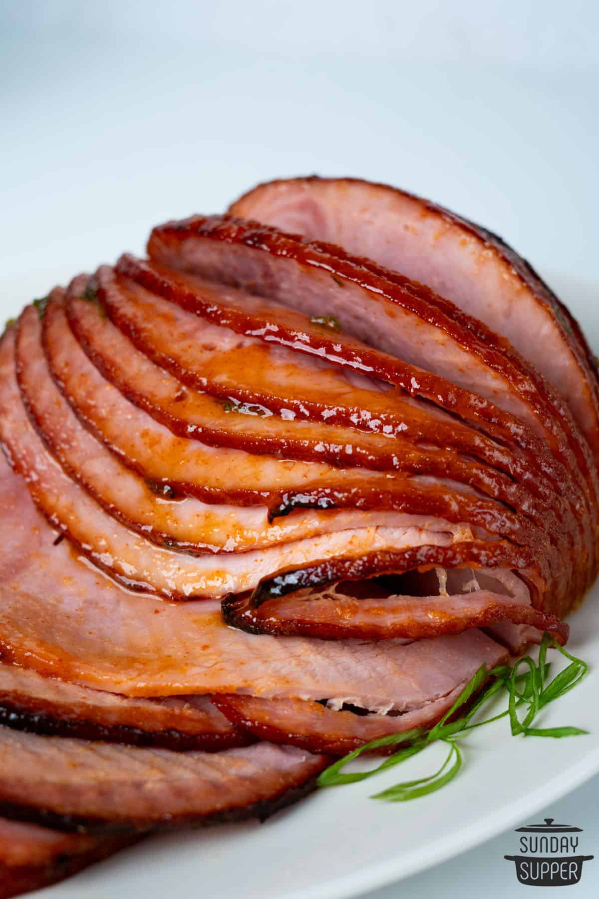 air fryer ham on a white plate