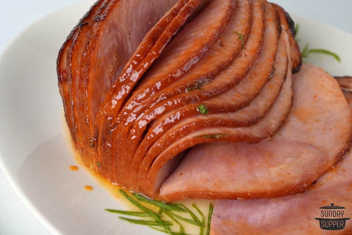air fryer ham on a white plate