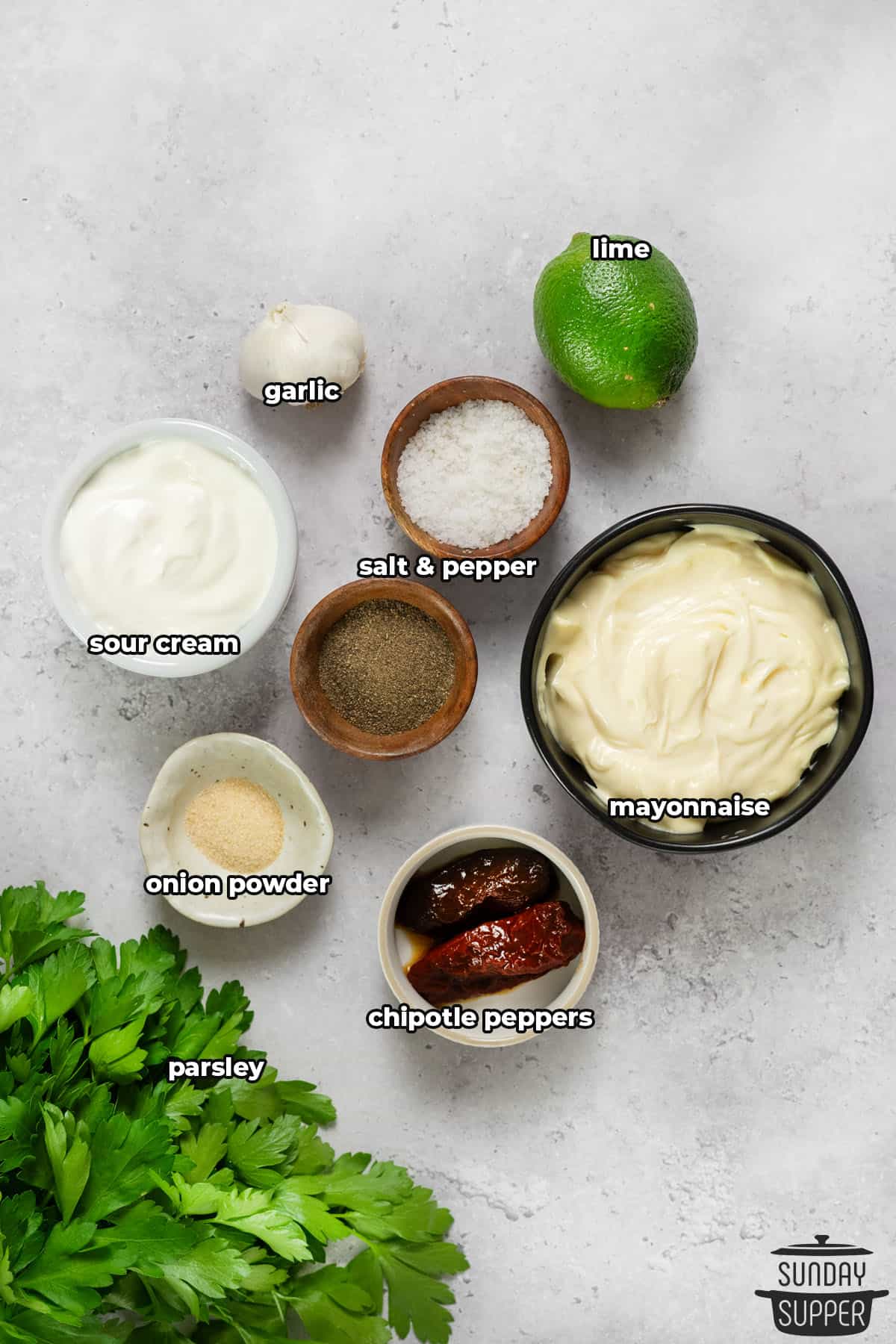 all the ingredients for chipotle ranch with labels
