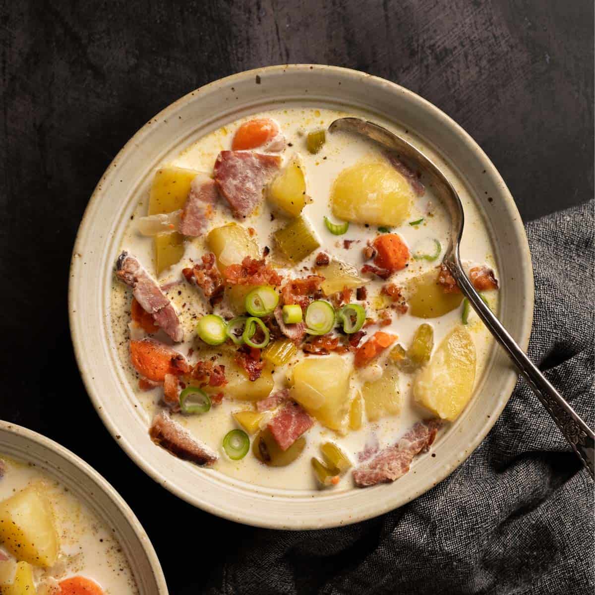 ham soup inside of a bowl with a spoon inside