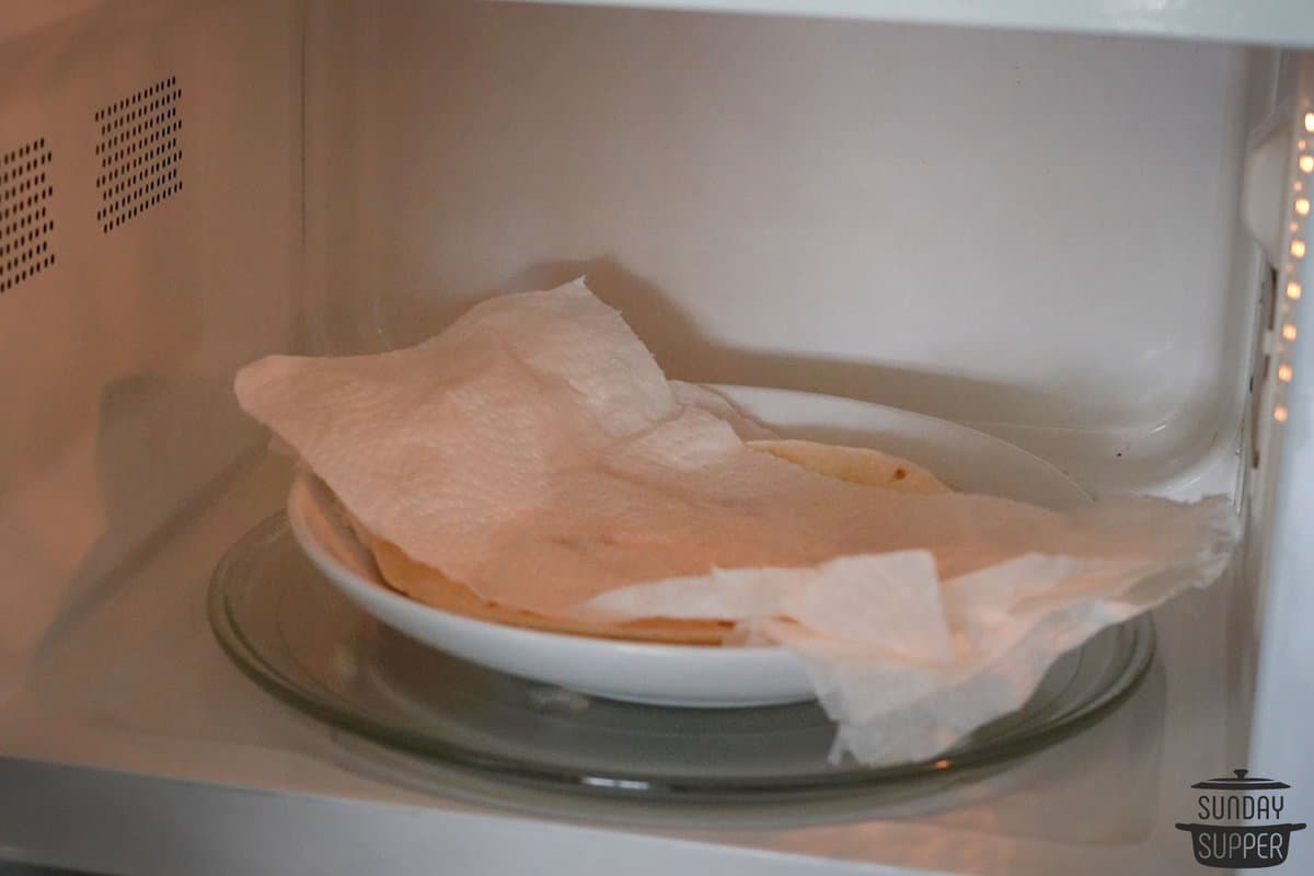 tortillas in the microwave with damp paper towels
