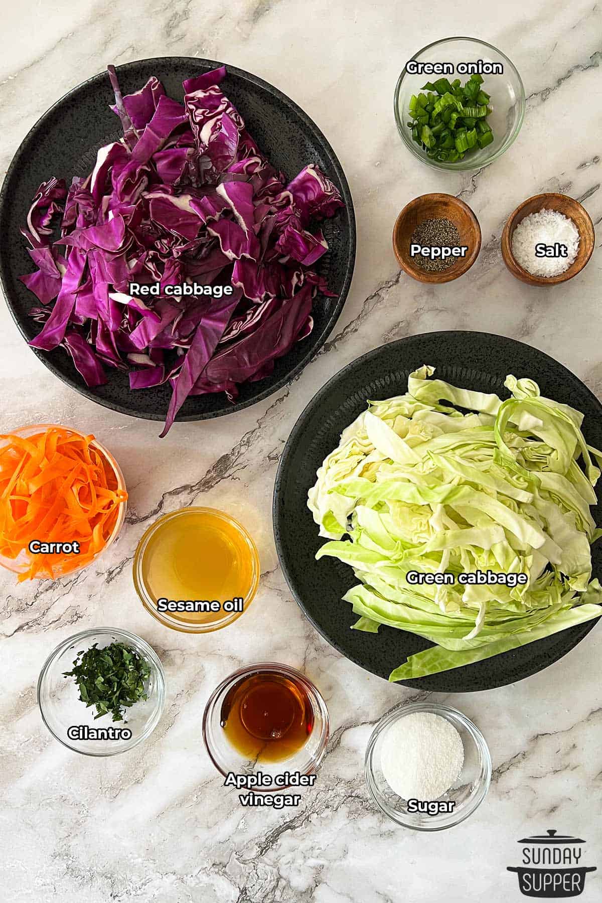 all the ingredients for asian coleslaw with labels