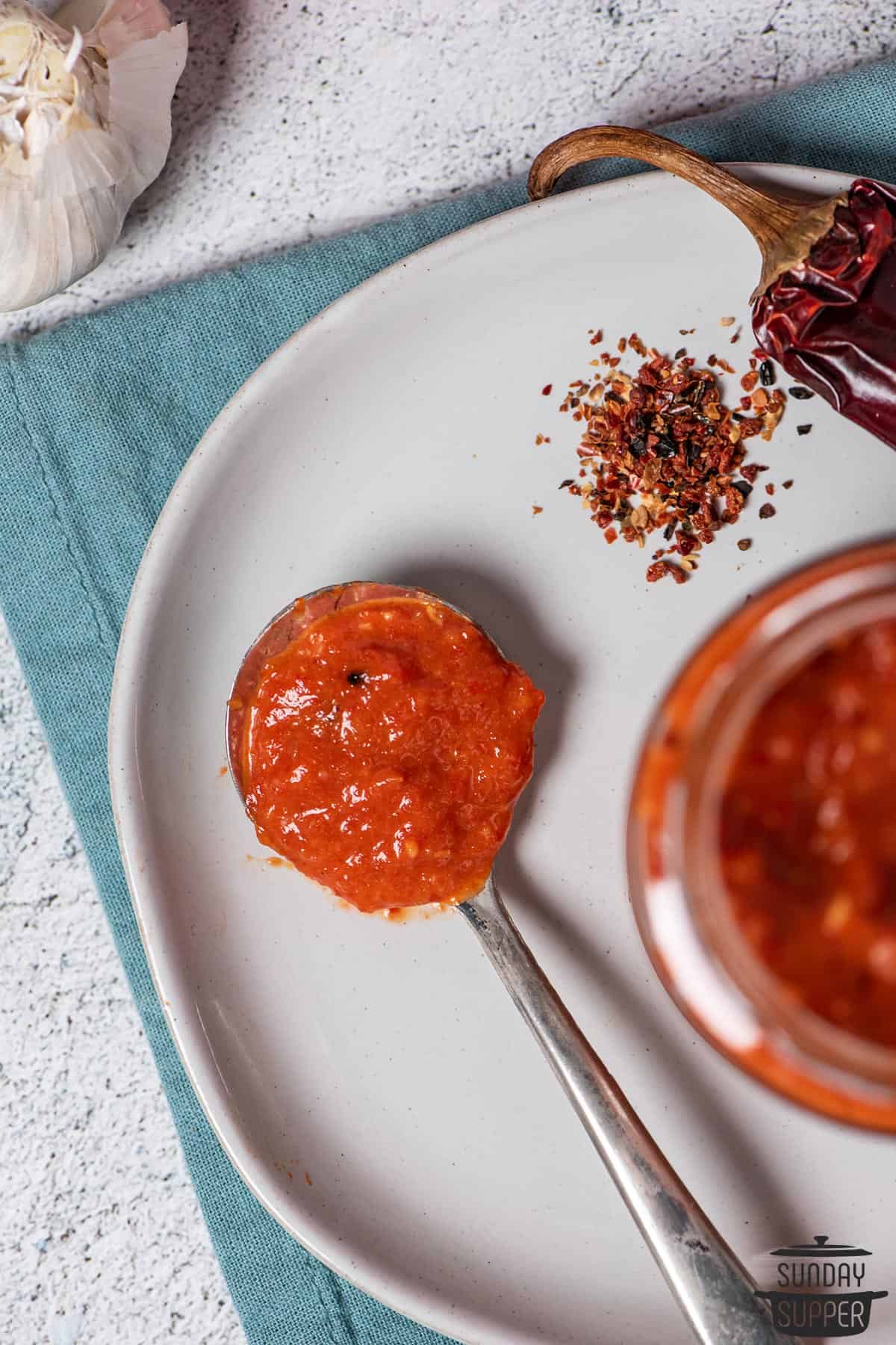 a spoon full of harissa sauce on a plate with extra red pepper flakes
