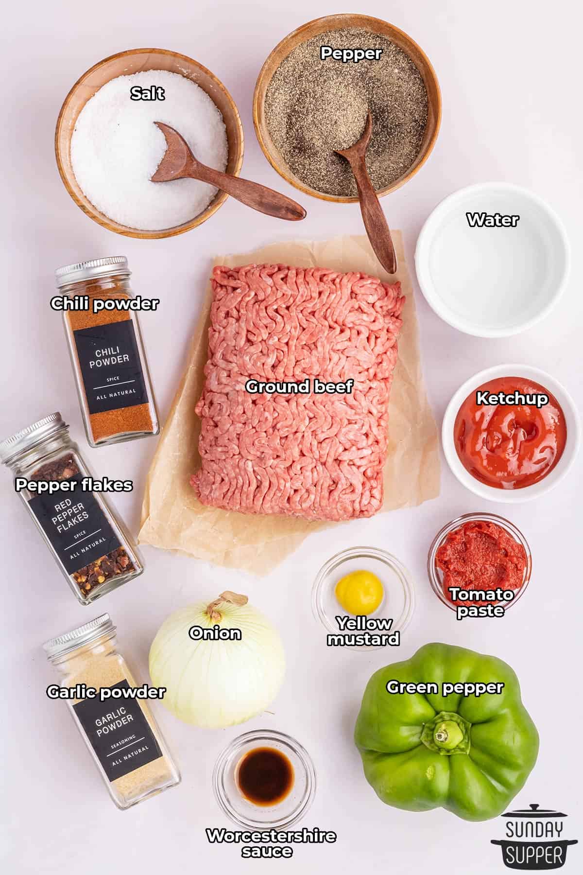 all the ingredients for sloppy joes with labels