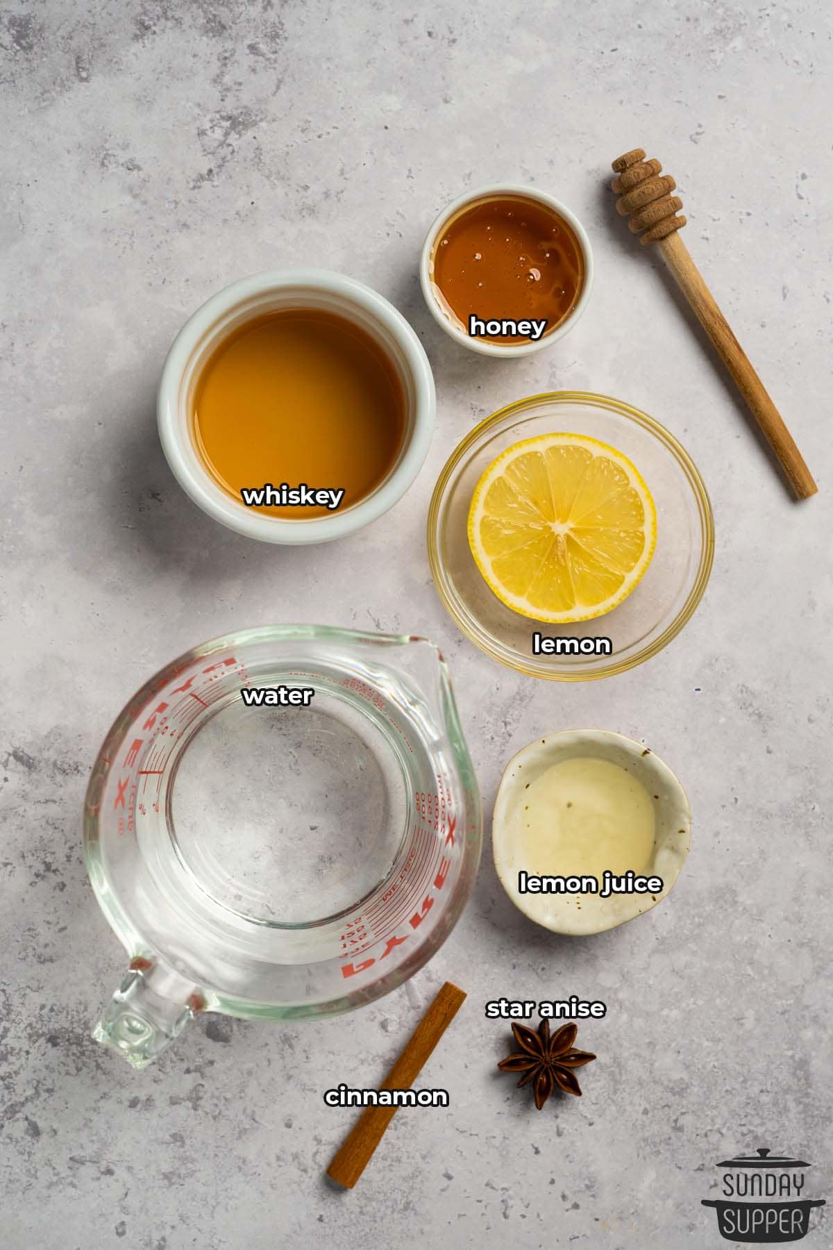 all the ingredients for hot toddies with labels