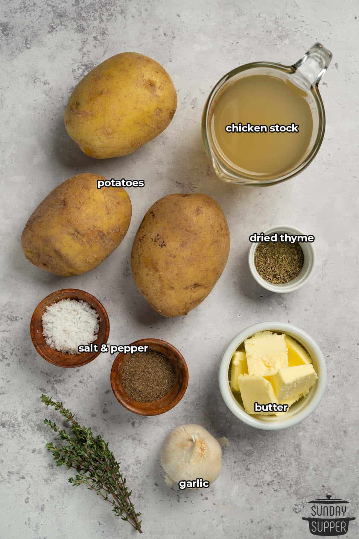 all the ingredients for melting potatoes with labels