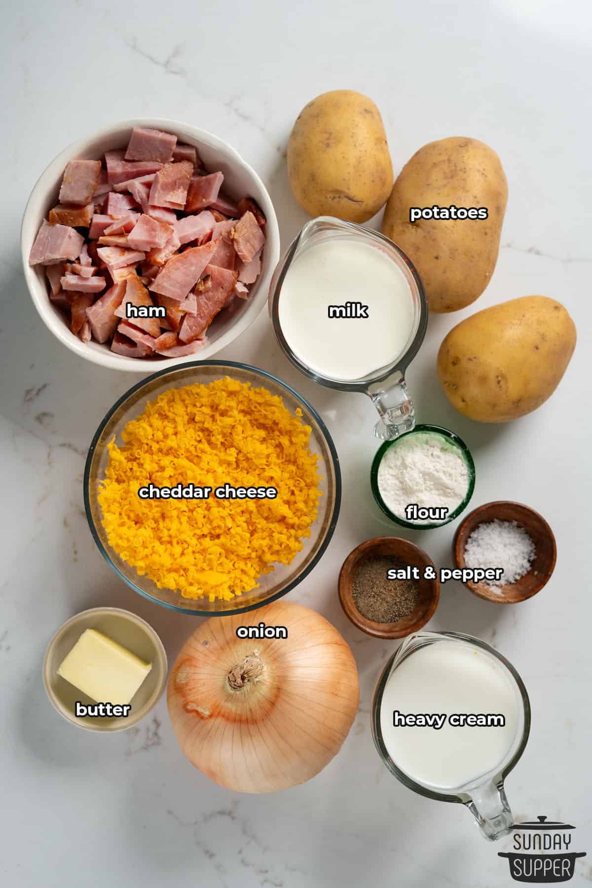 all the ingredients for scalloped potatoes with ham with labels